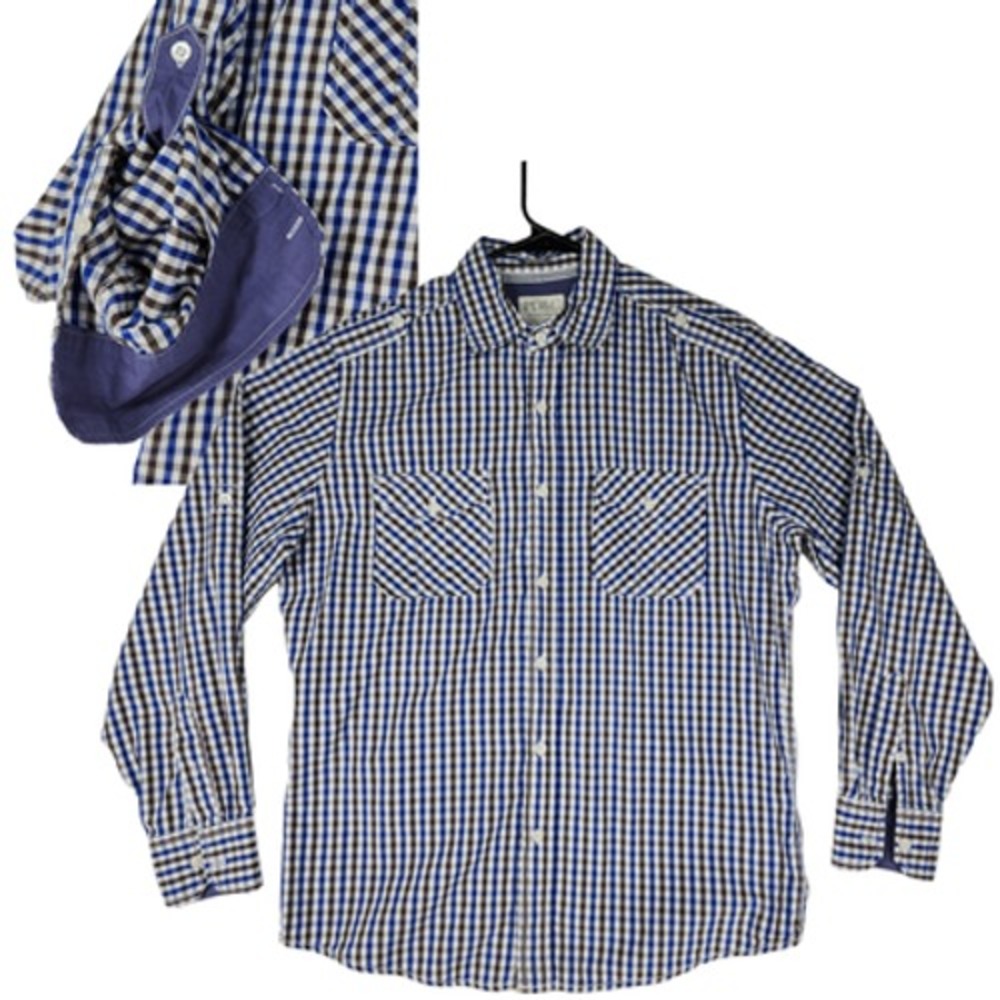 PD&C sz M Mens Button‎ Up Shirt Plaid Blue Black White Roll Tab Sleeves Western